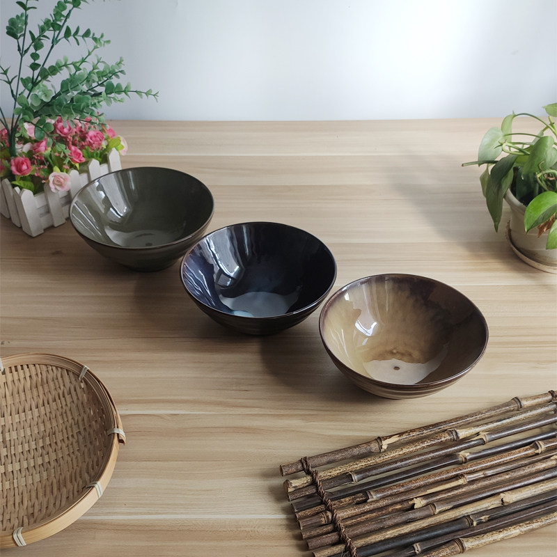 Flat Purple Sand Bowl Home Big Number Eating Bowl with Foam Noodles Bowl Chinese Style Ceramic Retro Style Cutlery Soup Bowl Commercial Pull Noodle Bowl