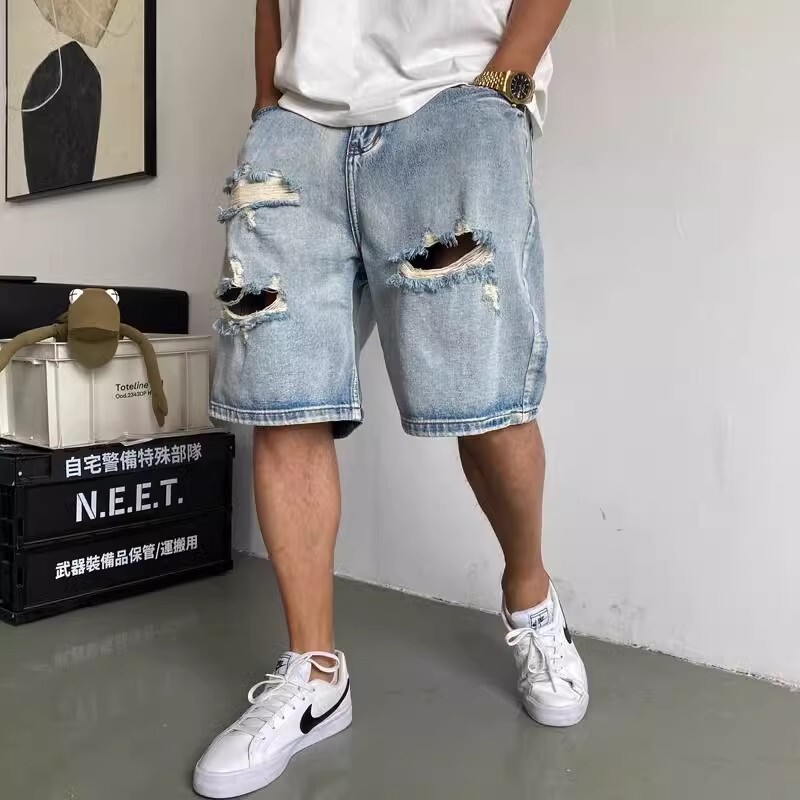 Plus Size 150kg Men's Trendy Loose-Fitting Five-Point Pants, Summer Thin Distressed Five-Point Mid-Length Pants, American-Style Ripped Denim Shorts