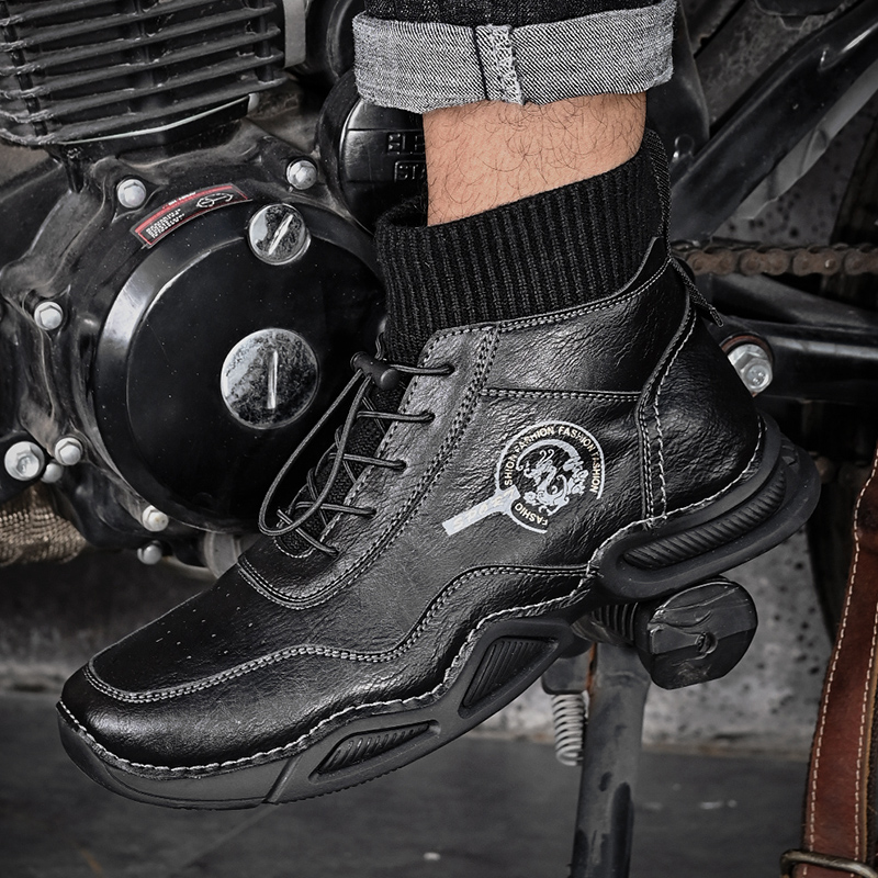 High Help Motorcycle Riding Shoes Man's Breathable Locomotive Board Shoes Genuine Leather Rider Shoes Wear abrasion Moral Brigade Four Seasons Hiking Boots-Taobao