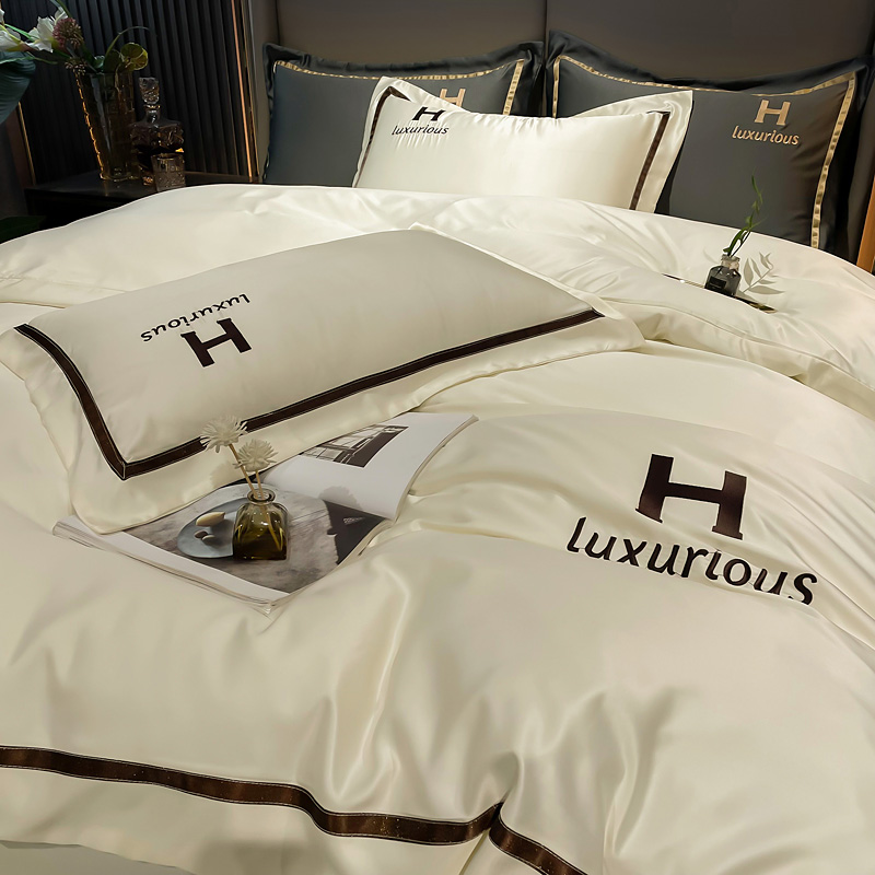 Minimalist pure colour four pieces of full cotton pure cotton linen embroidery quilt cover European-style pure color naked bed Ogasawara bed with supplies