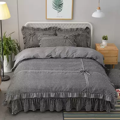 Korean princess style four-piece cotton cotton knitted cotton sheets bow quilt cover girl heart bedding