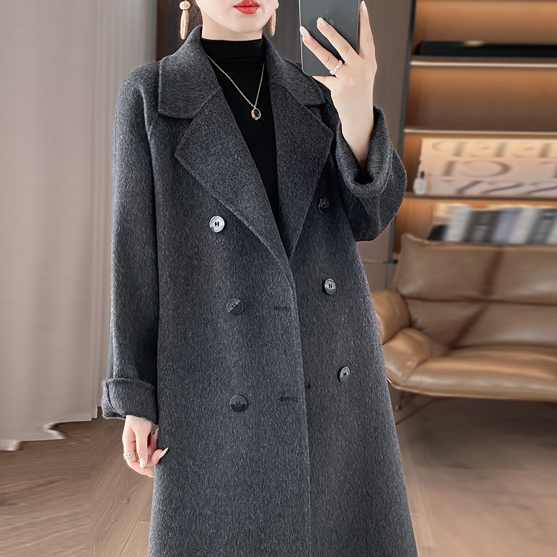 Wool Double-Sided Woolen Fabric Solid Color This Year's Popular Long Double-Breasted Korean Style Coat for Women Hepburn Style Jacket Wool Double-Sided Woolen Fabric Solid Color This Year's Popular Long Double-Breasted Korean Style Coat for Women Hepburn Style Jacket
