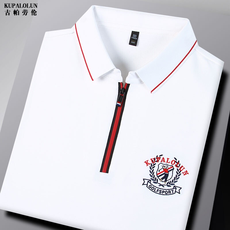 Big Brand Men's Zip-Up Lapel Long-Sleeve T-Shirt, White Casual Golf Top, Embroidered Polo Shirt for Autumn