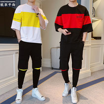 Short-sleeved T-shirt mens summer Tide brand tooling suit Korean half-sleeved loose body shirt top pants sportswear set