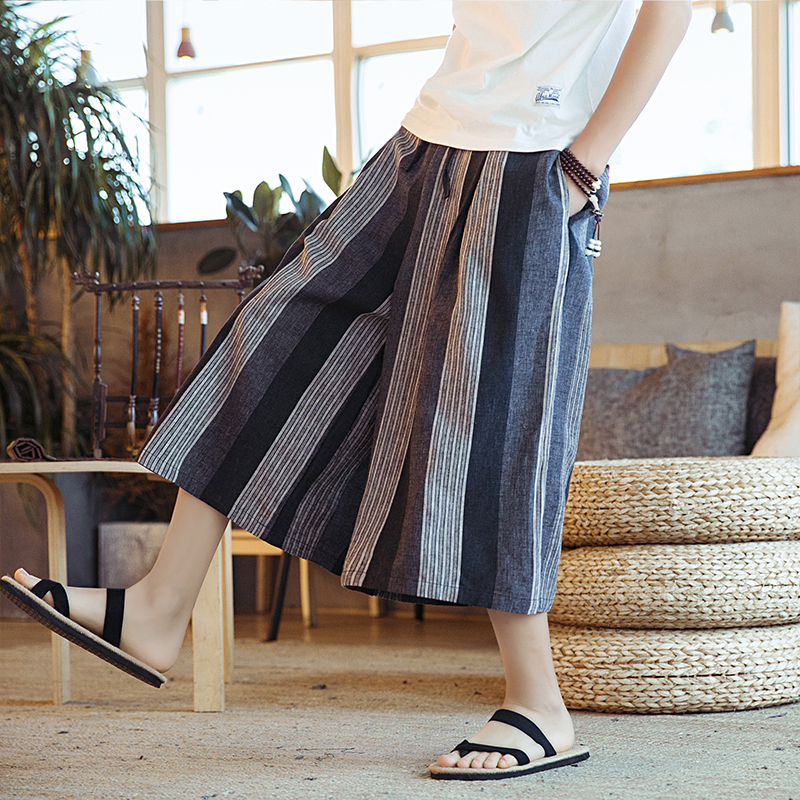 Men's Summer Cropped Pants, Chinese Style Linen Pants, Loose Cotton-Linen Wide-Leg Pants, Japanese-Style Kimono 7/8 Pants