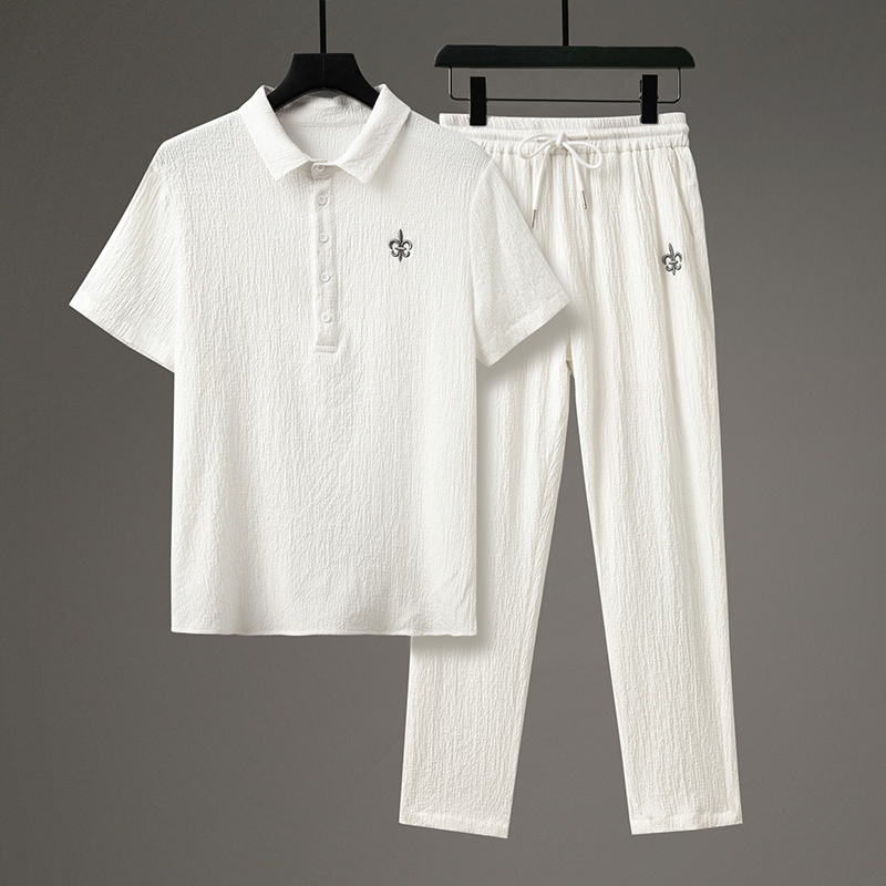 Ice Silk Suit for Men, Summer Thin High-End Short-Sleeved T-Shirt with Two-Piece Set, Fashionable and Trendy Casual Sports Suit