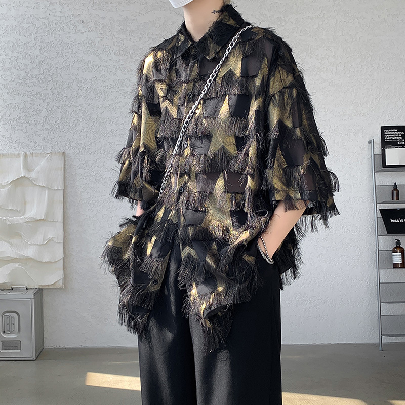 Trendy Brand Short-Sleeve Shirt for Men, 2026 New Style with Tassel and Gold Foil Design, Versatile and Loose-Fitting Streetwear for Couples Trendy Brand Short-Sleeve Shirt for Men, 2026 New Style with Tassel and Gold Foil Design, Versatile and Loose-Fitting Streetwear for Couples