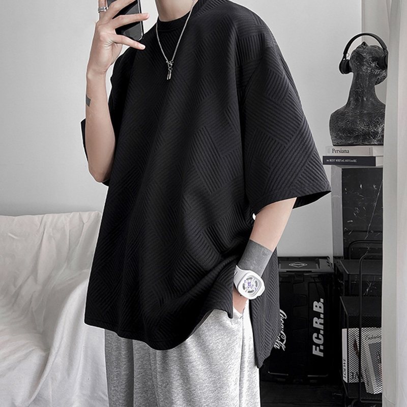 High-End Ice Silk Short-Sleeve T-Shirt for Men with Slit Hem and Button Placket, Summer American-Style Trendy Brand Design, Round Neck Half-Sleeve Top