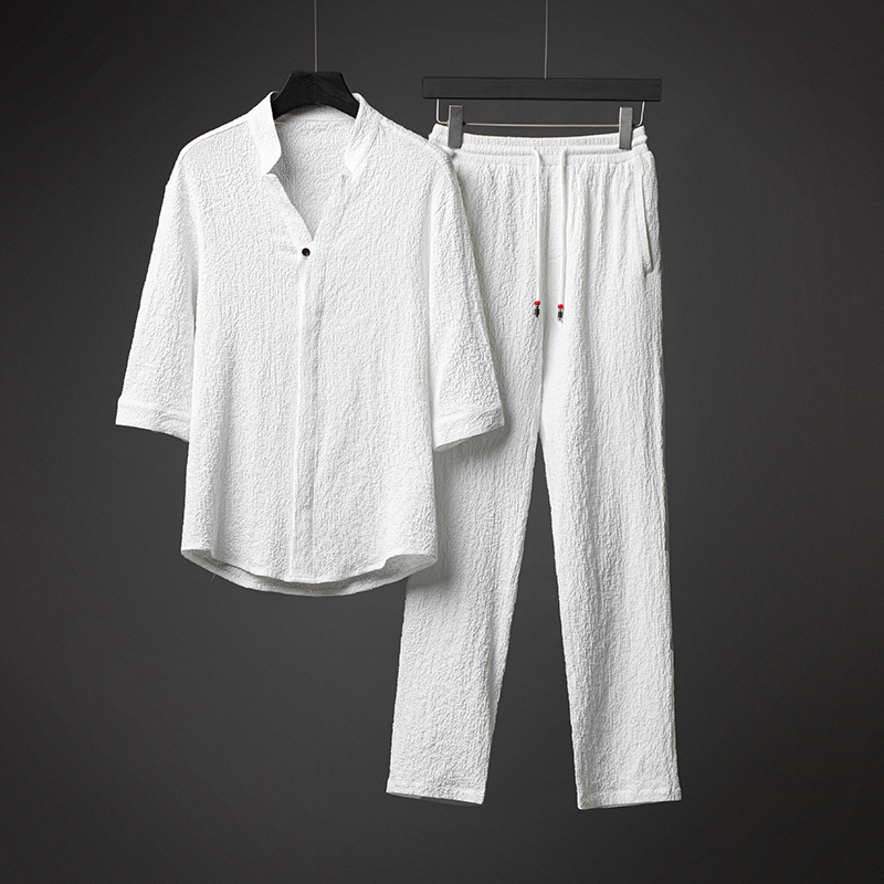Linen Suit for Men, Summer Thin Ice Silk Short-Sleeved New Chinese Style Men's Clothing, Complete Set of High-End Cotton and Linen T-Shirts Linen Suit for Men, Summer Thin Ice Silk Short-Sleeved New Chinese Style Men's Clothing, Complete Set of High-End Cotton and Linen T-Shirts