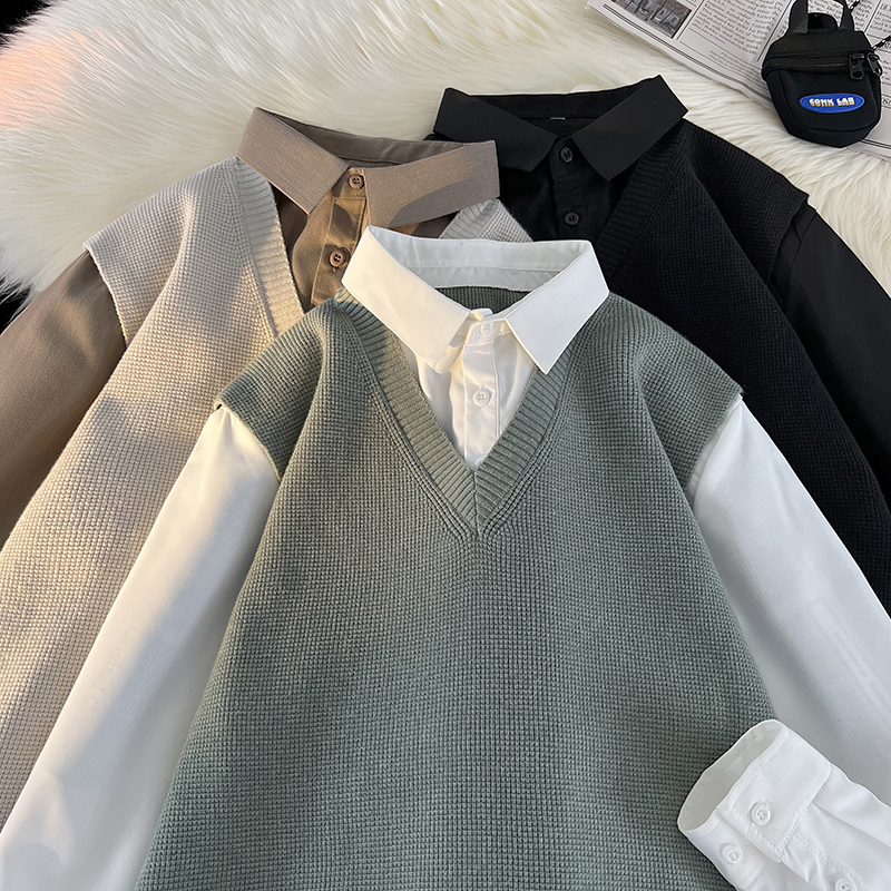 Fake Two-Piece Shirt Men's Long-Sleeved Shirt Men's College Style Clothing Spring and Autumn Casual Sports Inner Knit Sweater