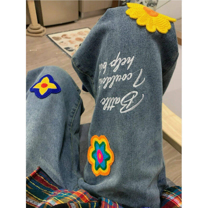 Floral Letter Embroidery Jeans, European and American Hip-Hop Street Style Pants, Niche Design, Loose Straight Wide-Leg Pants