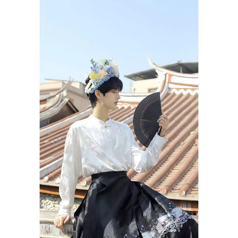 New Chinese Style Men's Clothing, Chinese-Style Jacquard Shirt, High-End Trendy Brand Dragon-Pattern Long-Sleeved Shirt Paired with a Mamian Skirt Top
