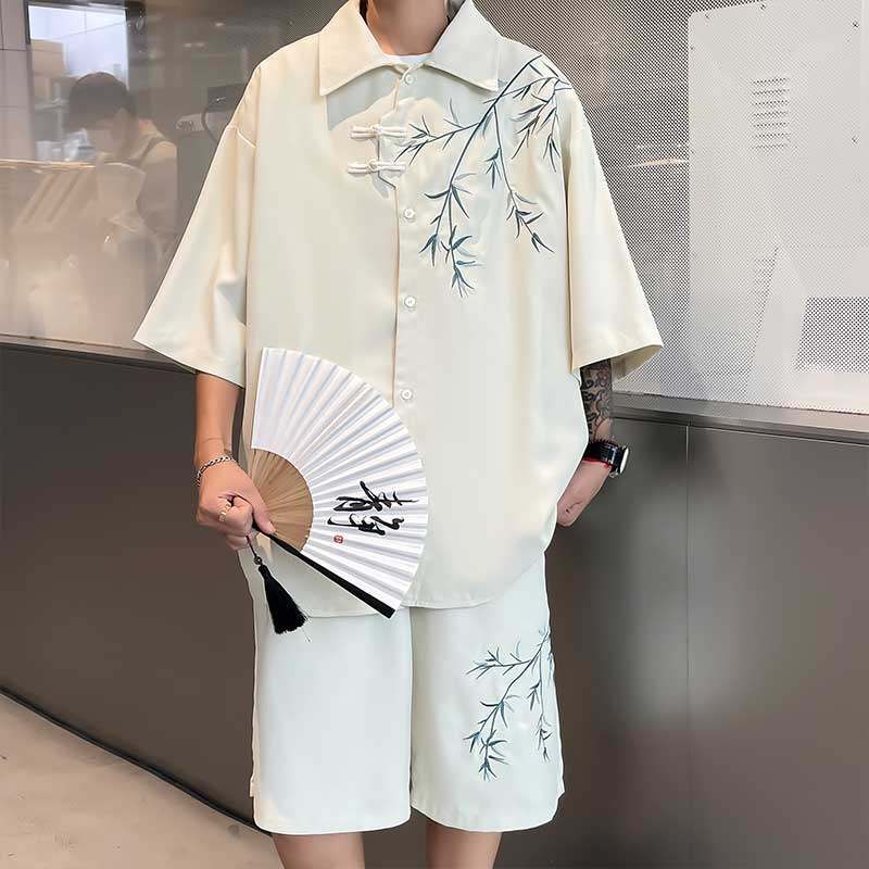 Ice Silk Short-Sleeved Shirt for Men, Summer New Chinese Style National Style Suit, Chinese Style Bamboo Embroidery Tang Suit Hanfu Two-Piece Set Ice Silk Short-Sleeved Shirt for Men, Summer New Chinese Style National Style Suit, Chinese Style Bamboo Embroidery Tang Suit Hanfu Two-Piece Set