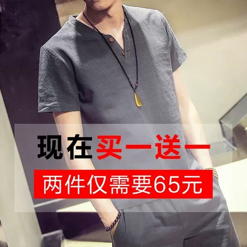 Летняя трендовая футболка с коротким рукавом, V-образный вырез, китайский стиль, из хлопка и льна