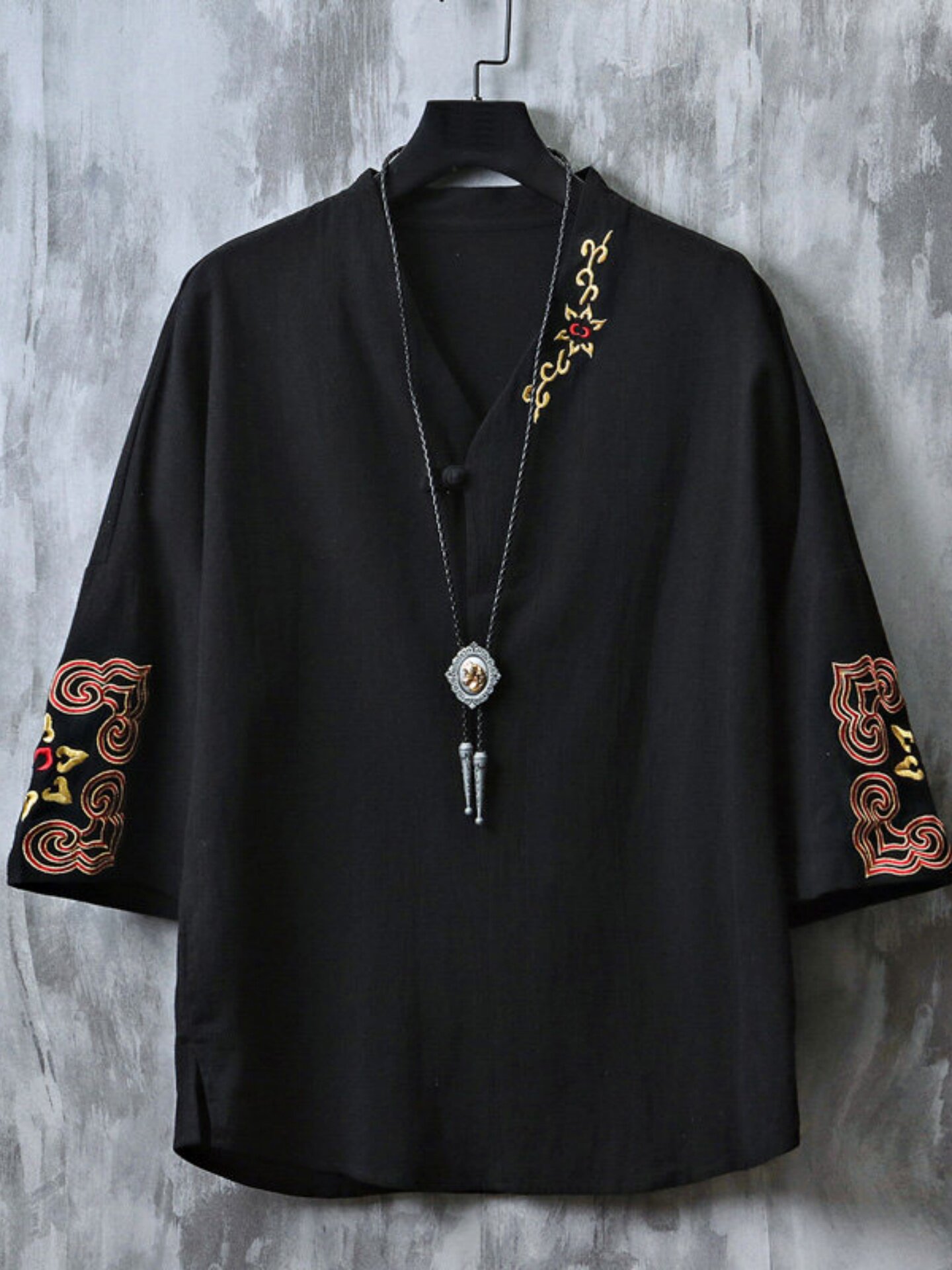 New Chinese Style Men's Clothing, National Style Embroidered Linen Short-Sleeve T-Shirt, Men's Summer Thin Three-Quarter Sleeve Tang Suit Set, Cotton and Linen Hanfu