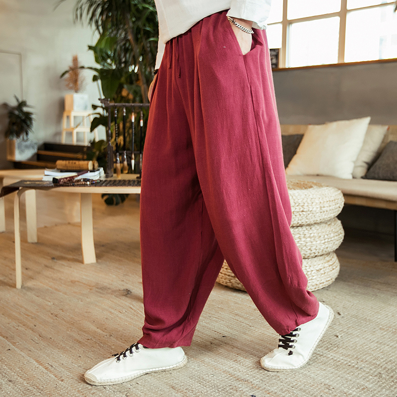 Mùa xuân và mùa hè bông mỏng linepants nam giới lớn mã lỏng quần vải gió Trung Quốc quần thẳng sóng thương hiệu giản dị quần rộng chân