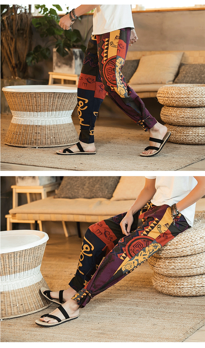 Phong cách trung quốc bông và vải lanh chùm chân rộng quần chân thường nam kích thước lớn lỏng chất béo in ấn củ cải bàn chân nhỏ đèn lồng harem quần quần nam phong cách Hàn Quốc