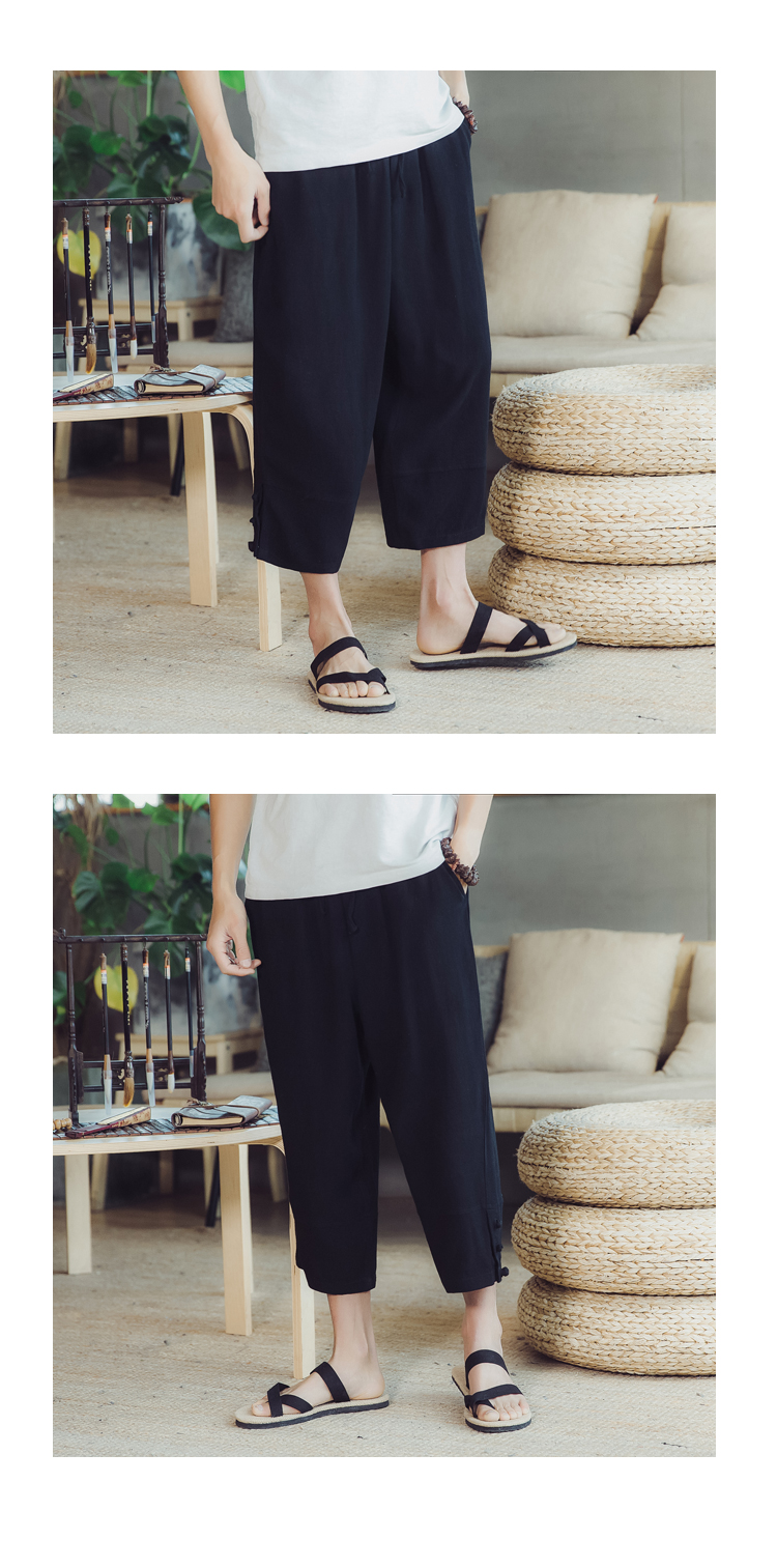 Quần linen nam phong cách Trung Quốc loose straight cotton quần chân rộng thời trang mùa hè quần âu linen chín quần mỏng