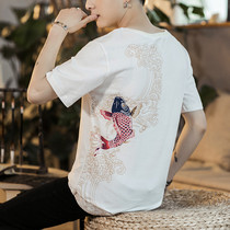 summer plus size t-shirt men's chinese style embroidered back print loose fashion half cut sleeve Buddha vintage style short sleeve