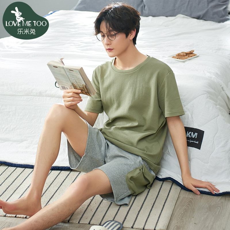 Summer cotton short-sleeved pajamas for young men's homewear suits solid color loose cotton summer thin sports outerwear