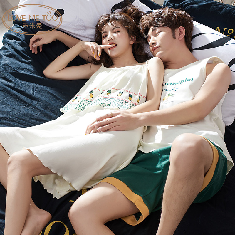 2 sets of price couples pajamas summer thin cute cotton men and women summer nightgown condole belt home clothing set spring