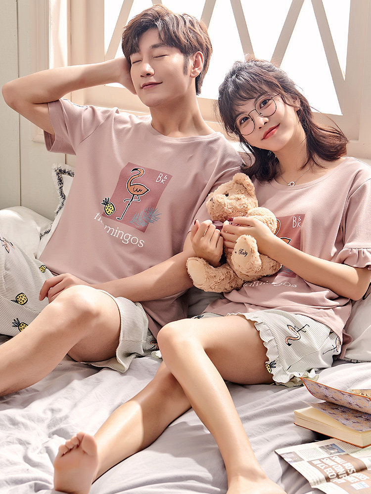 2 sets of price summer couple pajamas pure cotton short-sleeved men's and women's summer thin cute loose cotton home clothes set