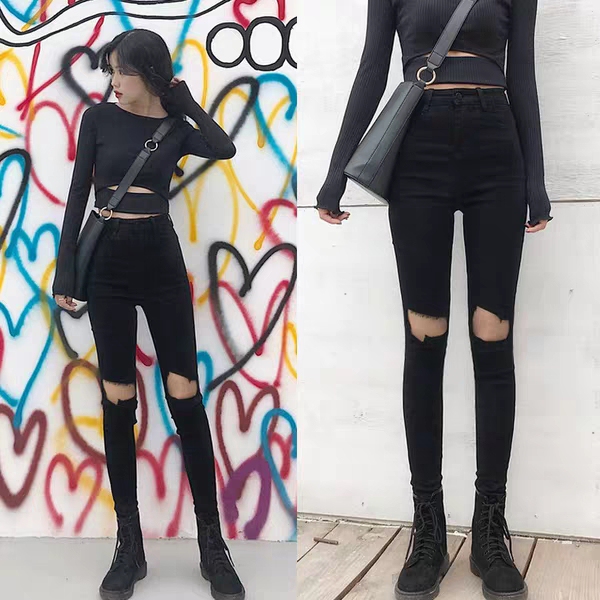 Black Ripped Jeans for Women, High-Waisted, New Spring and Autumn Style, Cropped Pencil Pants, Stretchy, for Petite Students