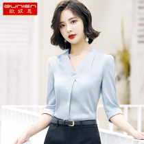 Chiffon shirt womens middle sleeve Korean version of the business dress top 2021 summer v-neck short-sleeved overalls white shirt spring