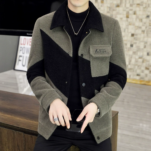 Мужской короткий плащ, бархатное демисезонное шерстяное пальто, трендовая куртка, искусственный мех, в корейском стиле