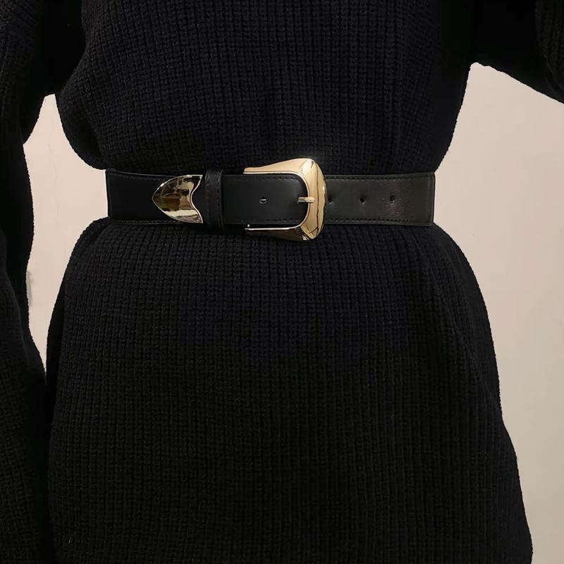 Wide Belt Women's Decorative Girdle with Skirt Gold Square Buckle Head Black Elastic Pin Buckle Belt Versatile Waist Outerwear