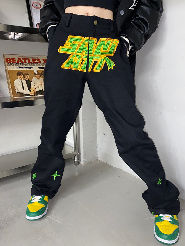 Sanjati Crane embroidered logo national tide loose and casual all-match men's and women's same trousers couple overalls