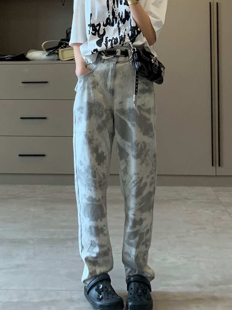 Sanjati Crane high street rendering tie-dye loose casual straight jeans couple men and women with the same personality
