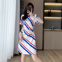 Designed striped style letter mid-length T-shirt skirt 2023 summer new fashion temperament dress for women