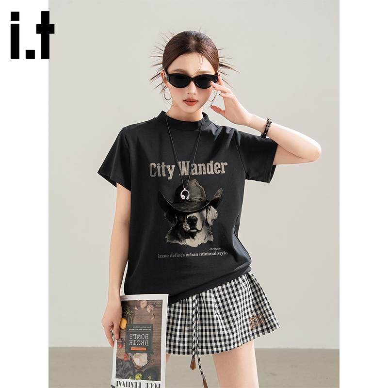 It Izzue American-Style Round-Neck Loose Short-Sleeve Women's Summer 2026 New Regular Shoulder T-Shirt with a Half-High Collar for Layering It Izzue American-Style Round-Neck Loose Short-Sleeve Women's Summer 2026 New Regular Shoulder T-Shirt with a Half-High Collar for Layering