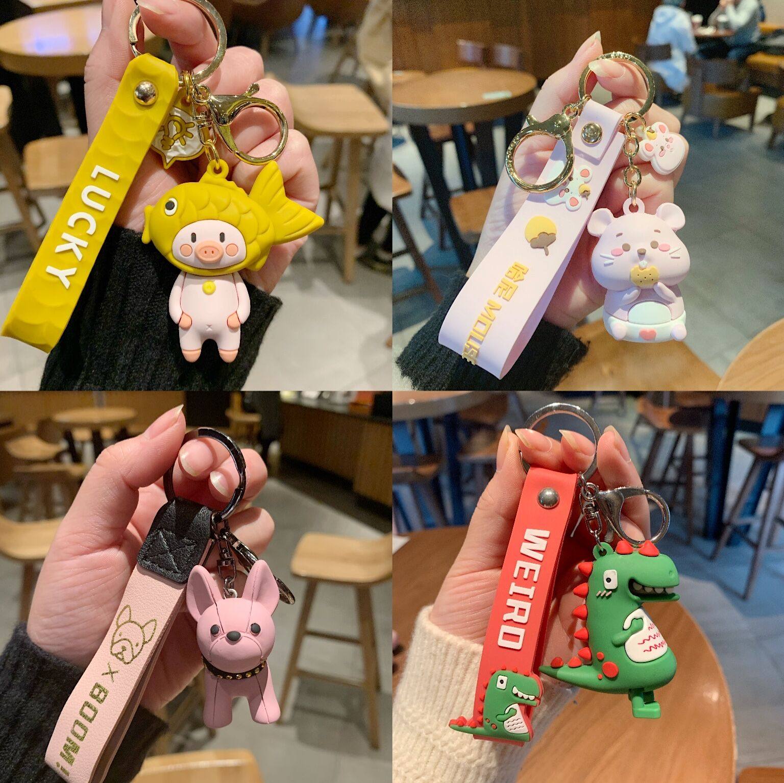 Cute Cartoon Paparazzi Key Button Female Key Necklace Net Red Creative Dinosaur Bag Pendant Key Ring New Year Gift