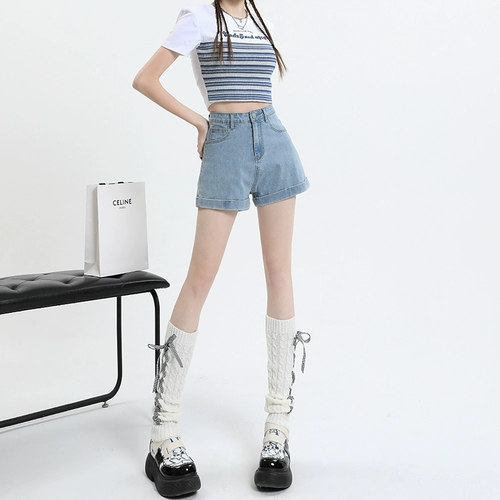 Синяя джинсовая юбка, летние шорты, приталенные штаны, коллекция 2023, высокая талия, по фигуре, А-силуэт, свободный крой