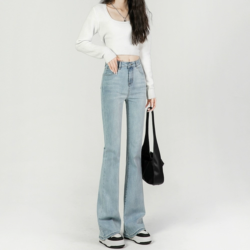 Синие высокие джинсы, приталенные штаны, эластичные летние штаны-клёш, подходит для подростков