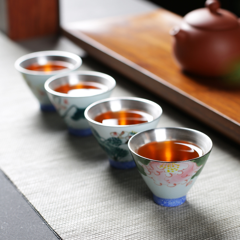 ZongTangYin ceramic cups tea master cup single CPU manually coppering. As kung fu sample tea cup silver cup bowl