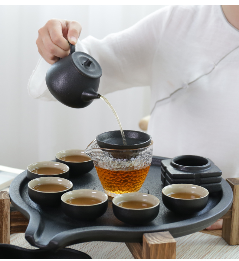 Fit ZongTang tea tray household contracted ceramic dry set round kunfu tea set tea sea solid wood tea saucer dish