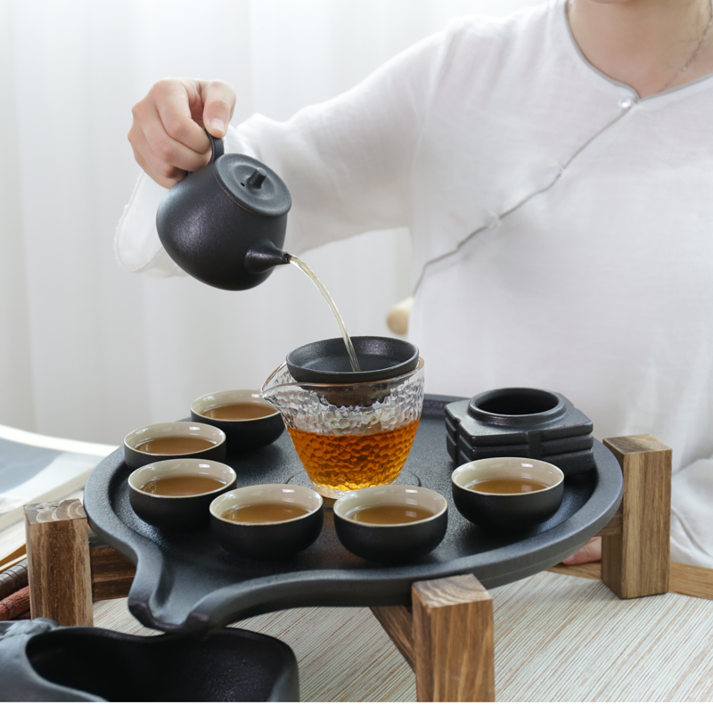 Fit ZongTang tea tray household contracted ceramic dry set round kunfu tea set tea sea solid wood tea saucer dish