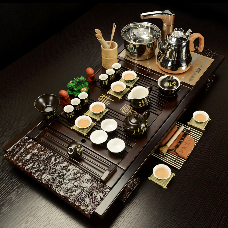 ZongTang violet arenaceous kung fu tea set a complete set of domestic ceramic solid wood tea sets tea tea tray electromagnetism automatic