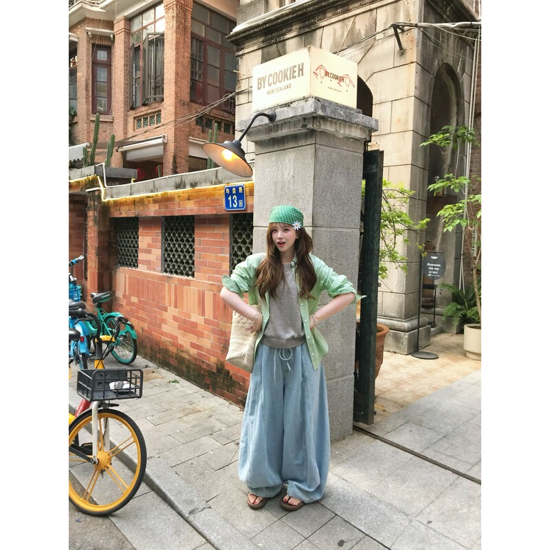 Memorial. Casual and Lazy Style Green Long-Sleeve Shirt for Women, Loose Fit, Versatile, Slimming Top, Casual Wear