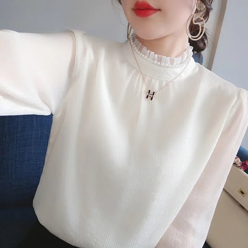 Высококачественная внутренняя часть плюс бархатная шифоновая рубашка с длинными рукавами для женщин, осень и зима 2025, новая универсальная верхняя одежда, темпераментная нижняя рубашка-топ