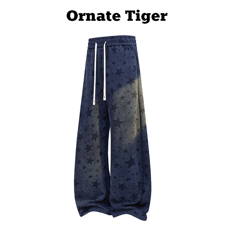New Ornate Tiger Relaxed-Fit Sports Wide-Leg Pants with All-Over Star Print, High-Waisted Drawstring Slimming Long Pants