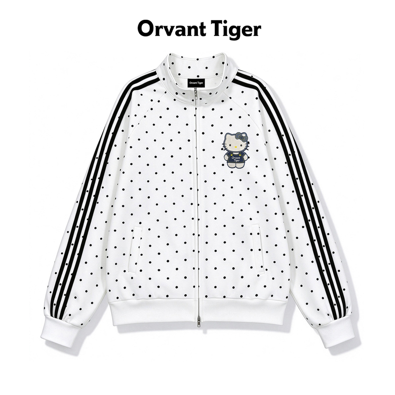New Orvanttiger Korean-Style Small Polka Dot Kitty Stand-Up Collar Cardigan Loose Autumn Sports Style Zipper Jacket
