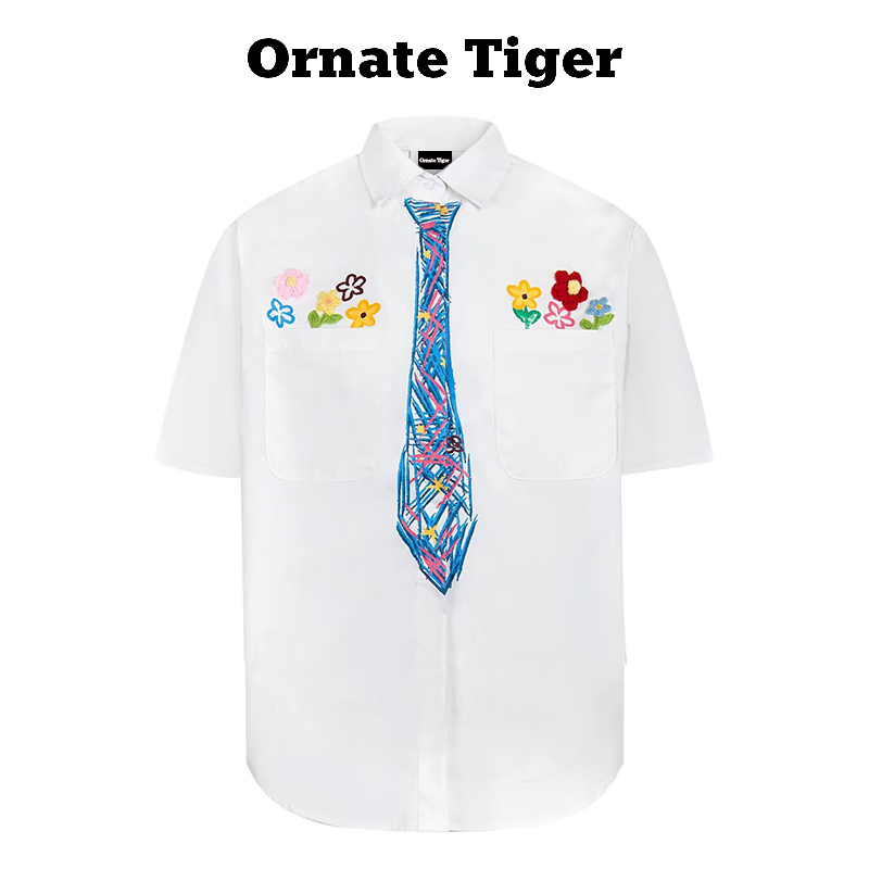 New Ornate Tiger Summer Korean-Style Graffiti Fake Tie Shirt for Men and Women, Loose Short-Sleeve Turn-Down Collar Shirt