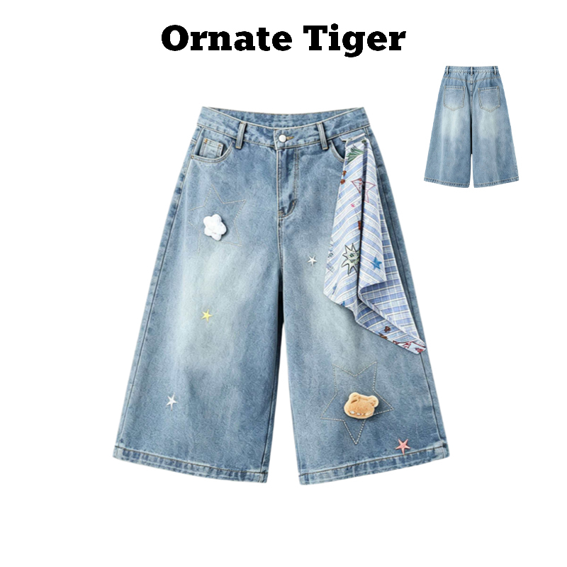 New Ornate Tiger Summer Embroidered Star Denim Capri Pants, Loose Slimming Shorts, Age-Reducing Mid-Length Pants