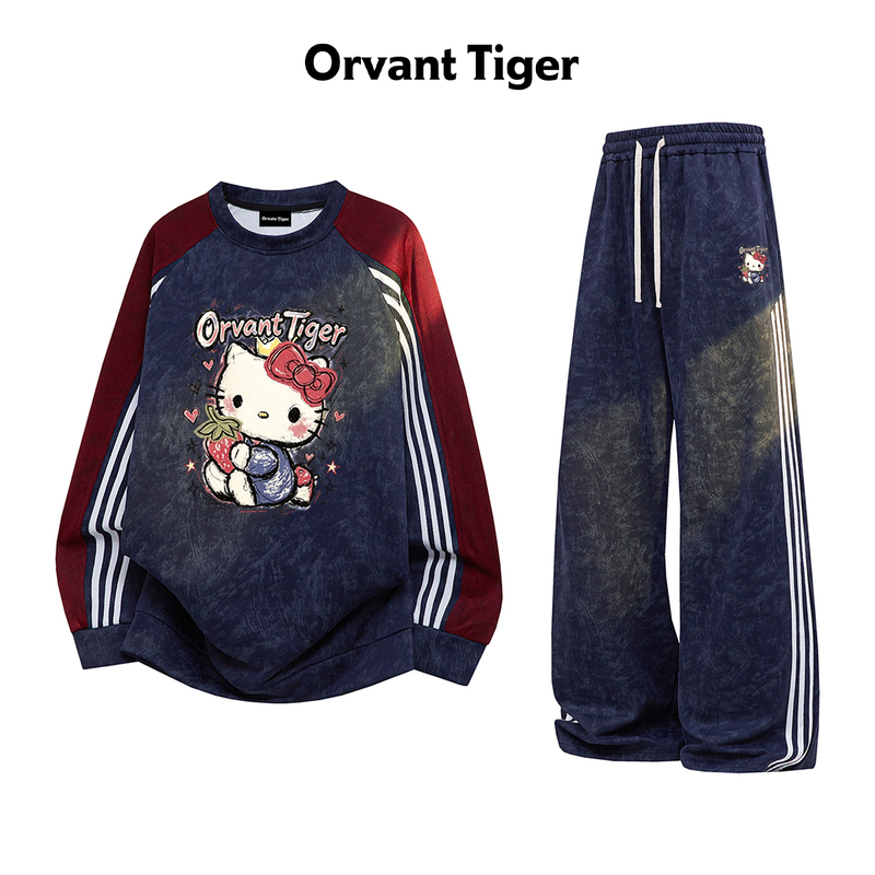 New Orvant Tiger American Retro Style Kitty Cat Print Sweatshirt Set with Straight-Leg Long Pants Two-Piece Set