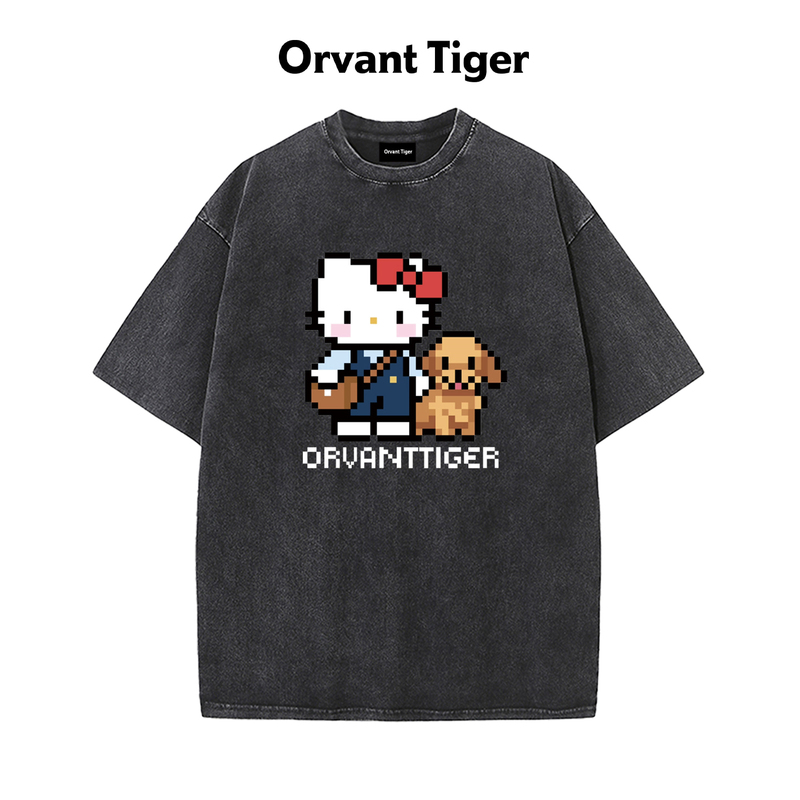 New Orvant Tiger Korean Version Heavyweight Washed Cotton Sweet Cool T-Shirt Pixel Kitty Cat Versatile Loose Short-Sleeve New Orvant Tiger Korean Version Heavyweight Washed Cotton Sweet Cool T-Shirt Pixel Kitty Cat Versatile Loose Short-Sleeve