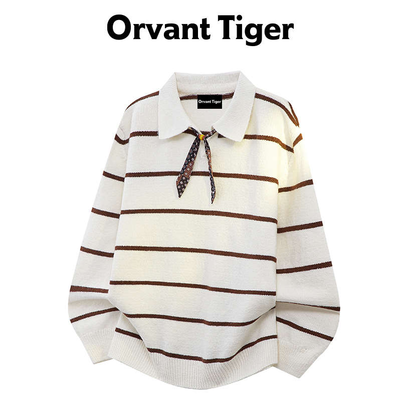 New Orvant Tiger Gentle Color-Blocked Striped Lapel Sweater for Women with Detachable Small Tie Knit Top New Orvant Tiger Gentle Color-Blocked Striped Lapel Sweater for Women with Detachable Small Tie Knit Top